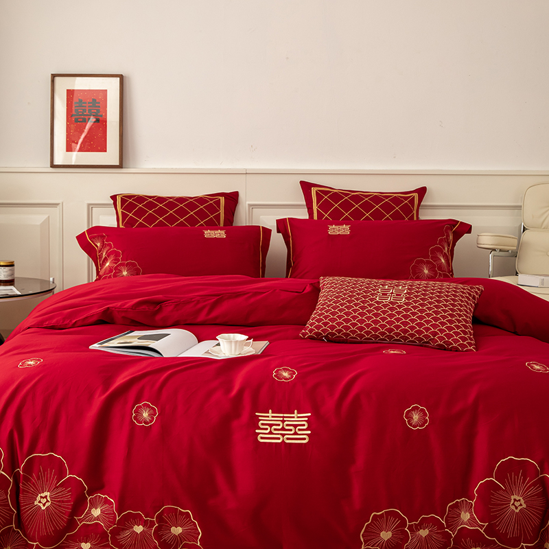 100支长绒棉新婚庆四件套纯棉全棉被套红色喜被结婚床单床上用品4