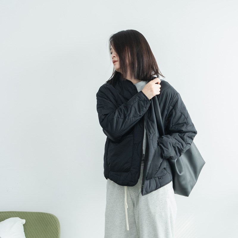 简约百搭薄棉简约黑色轻量保暖防寒菱格K宽松棉服秋冬短款加绒服