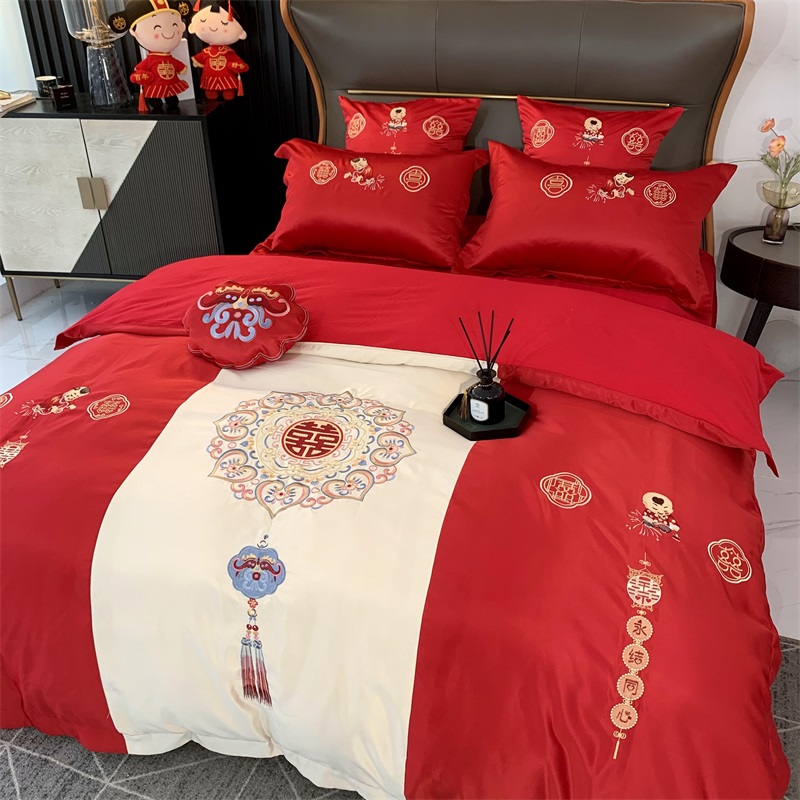 现货高档刺绣结婚床上用品四件套纯棉全棉婚庆大红色床单被套婚礼