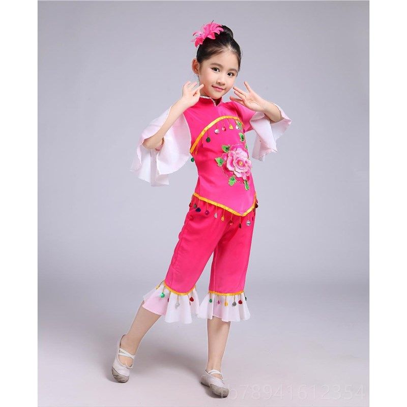 高档六儿童演出秧歌服族幼儿汉族舞蹈服装民一女古典扇舞腰鼓表演