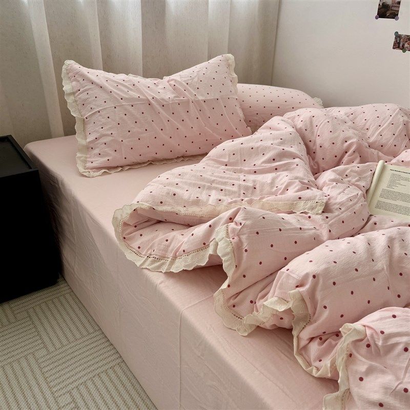 ins少女心粉色波点花边水洗棉床单四件套全棉被套纯棉学生三件套,床上用品,床品套件/四件套/多件套,淘宝优惠券,粉丝福利购,淘宝优惠卷