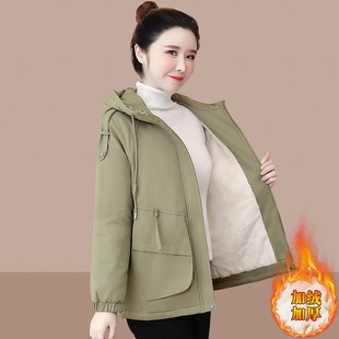 工装棉衣女2024年冬季新款小个子短款加绒N刺绣大口袋连帽加厚棉