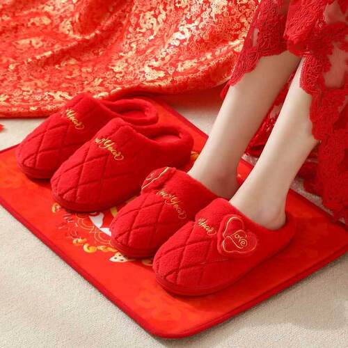 新款红色结婚庆棉拖鞋女秋冬季z新娘陪嫁装喜庆红色一对本命年红