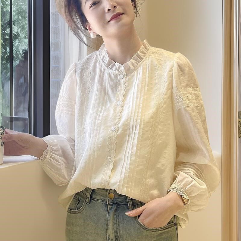 高级感蕾丝花边长袖衬衫女2025春秋宽松法式时尚气质小衫白衬衣潮