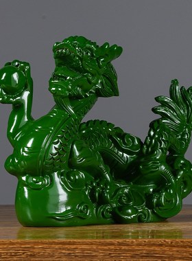 绿色实木雕刻龙摆件十二生肖木头龙客厅电视柜装饰工艺品新居送礼