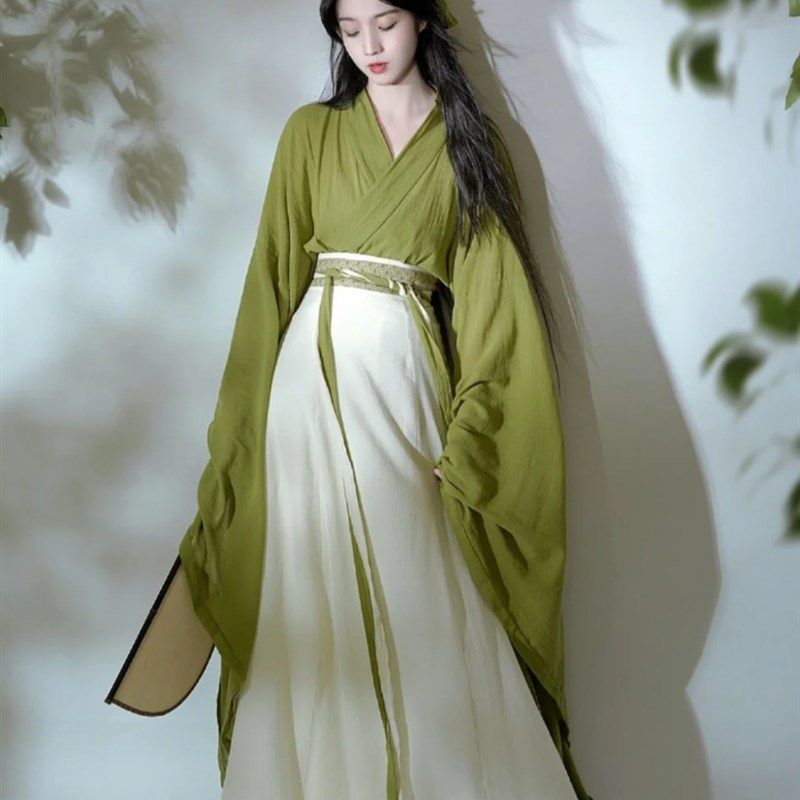 绿色汉服女秋冬季改良魏晋风南北古装上班穿汉元素古风广袖流仙裙