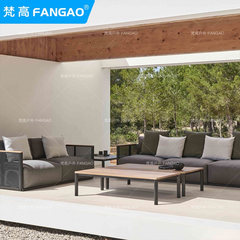 户外休闲沙发组合茶几柚木岩板北欧防水防晒不锈钢藤编庭院别墅