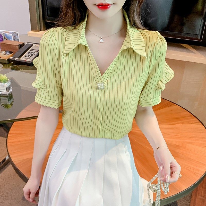 150个子薄款V领短袖条纹雪纺衬衫女士夏季155穿搭衬衣洋气上衣xs