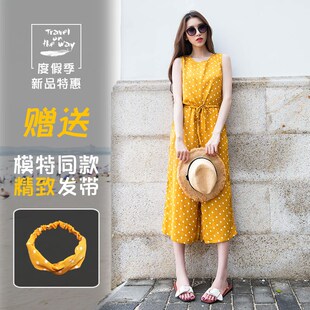 黄色连体裤女夏高腰波点海边度假套装波西米亚裙裤泰国无袖连衣裤