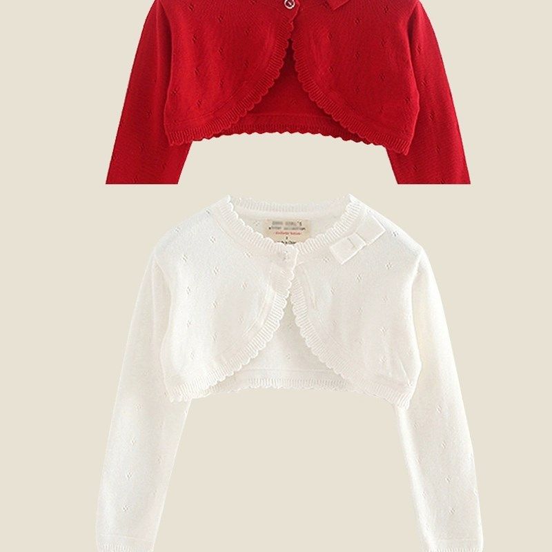 女童小披肩宝宝春夏季薄款针织开衫外套短款红色毛衣外搭白色罩衫