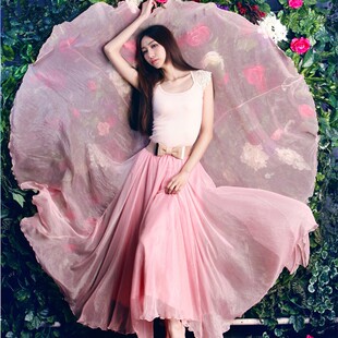 舞蹈长裙高腰波西米亚8米大摆春沙滩金丝雪纺百褶裙半身裙仙女裙