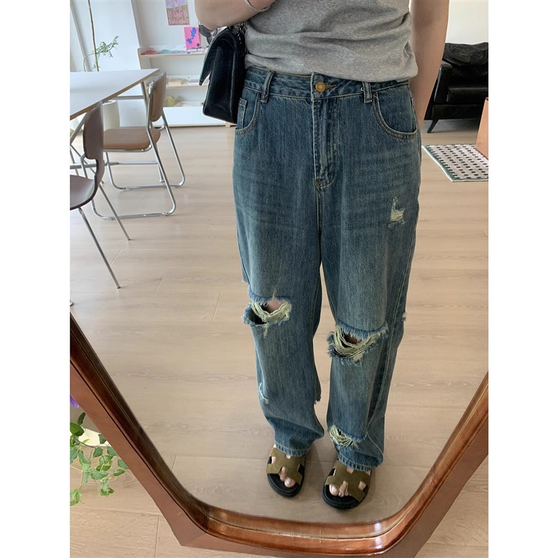 大码女装胖妹妹mm水洗破洞牛仔直筒夏季宽松显瘦窄版阔腿裤200斤