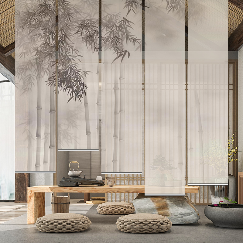 新中式屏风软隔断装饰客厅玄关布帘小户型半透明水墨竹子卷帘窗帘