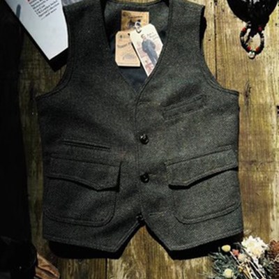 美式男复古猎装羊毛呢马甲重磅彩点粗花毛呢修身咔叽四袋工装背心