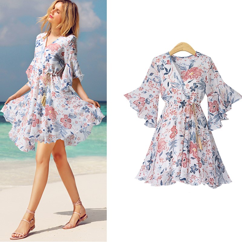 2025夏季新款中长碎花连衣裙加码女士纤细雪纺宽松a字裙与大下摆