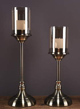 简约美式餐桌样板房软装饰品摆件新年烛光晚餐道具水晶金属蜡烛台