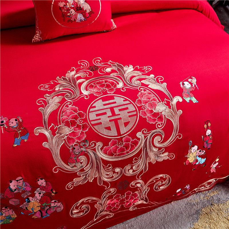 高端中式200支结婚四件套大红色百子图婚庆床上用品纯棉婚房陪嫁4