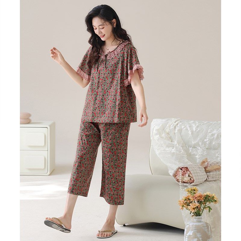 睡衣女夏季梭织纯棉短袖七分裤薄款中年妈妈全棉纱布高级感家居服,女士内衣/男士内衣/家居服,睡衣/家居服套装,淘宝优惠券,粉丝福利购,淘宝优惠卷