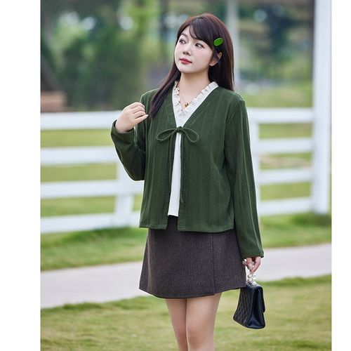 显瘦大码胖MM套头长袖上衣女2024秋冬新款V领拼接假两件套针织衫