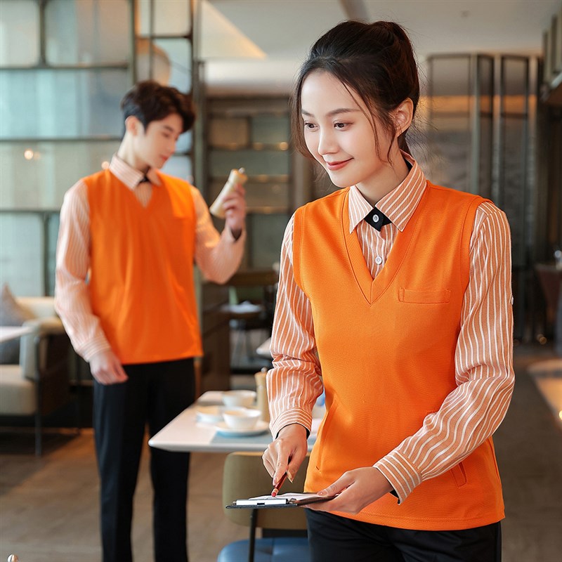 服务员工作服长袖女酒店KTV酒吧马甲衬衫套装西餐厅吧台秋冬装男