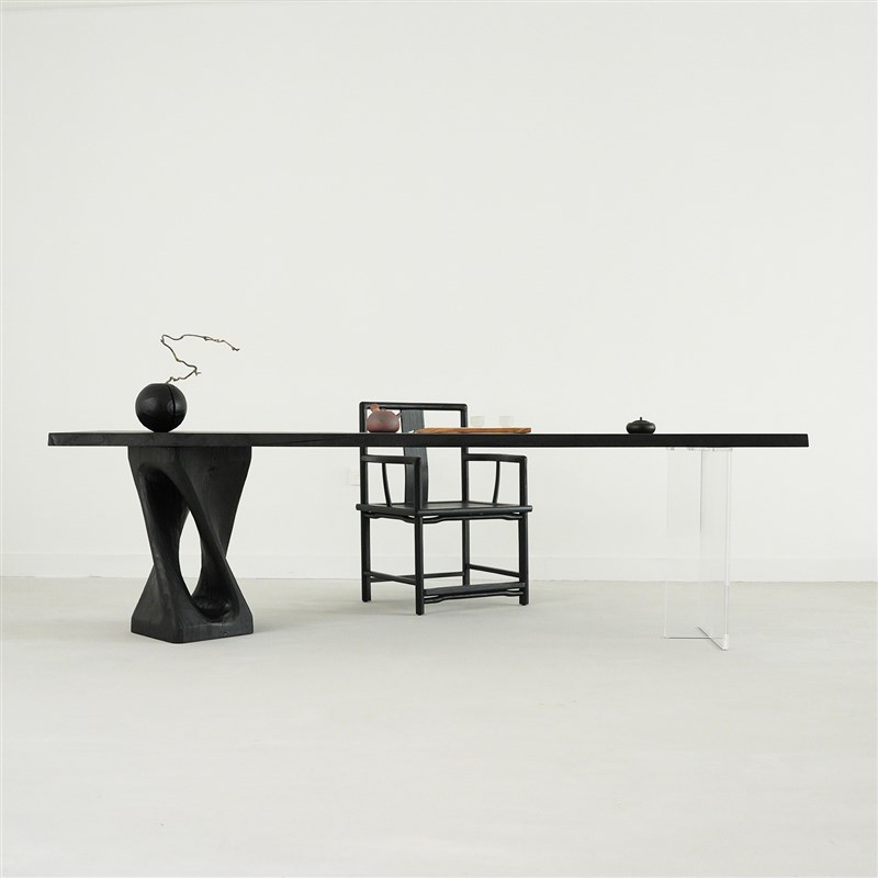 新中式碳化黑色实木茶桌家用茶台侘寂风白蜡木大板桌办公会客桌子