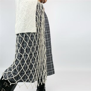 尢系UXI 人造珍珠璎珞纯手工编织镂空网面叠穿搭配珍珠半裙