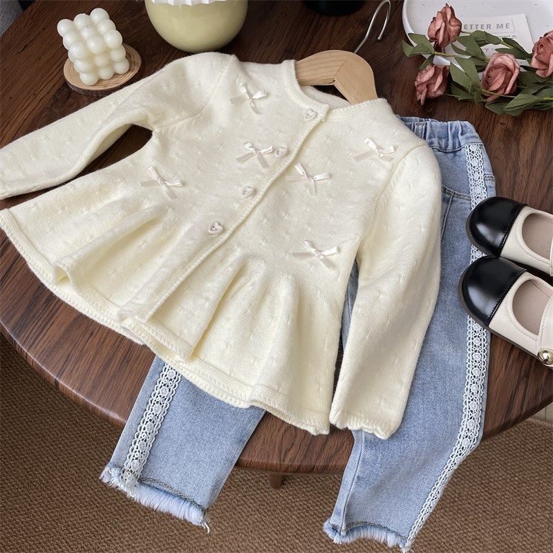 2024春秋女童女宝儿童蝴蝶结灰色荷叶边针织开衫中长款毛衣外套女