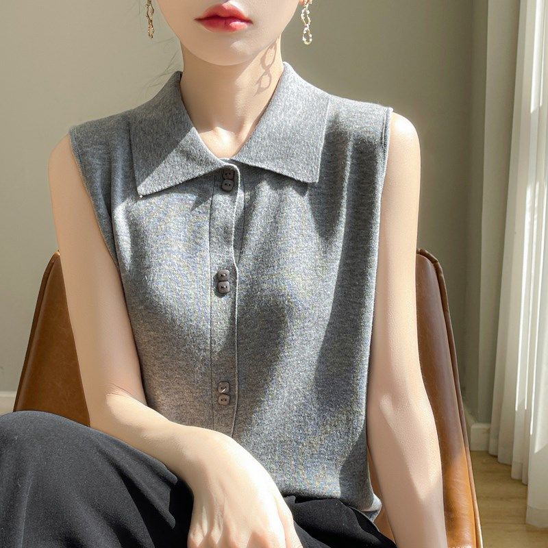 24春夏POLO领精纺羊毛开衫女翻领无袖针织背心毛衣宽松内搭打底衫