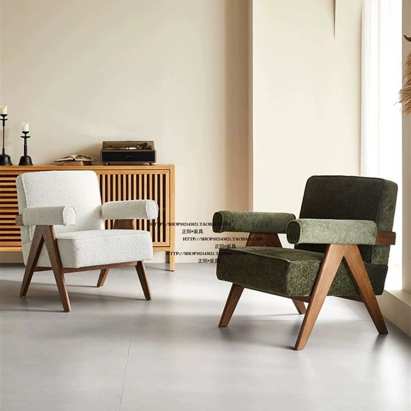 北欧侘寂风格日式雪尼尔橡木实木布艺单人位沙发椅洽谈椅交椅家具,住宅家具,实木沙发,淘宝优惠券,粉丝福利购,淘宝优惠卷