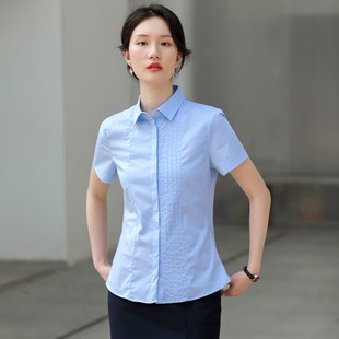 夏天薄款蓝色短袖衬衫女面试正装衬衣前台接待工装职业套装工作服