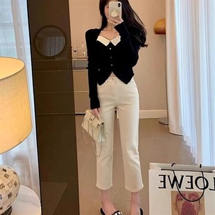 白色直筒牛仔裤女宽松春秋新款高腰显瘦八分休闲九分弹力烟管裤子