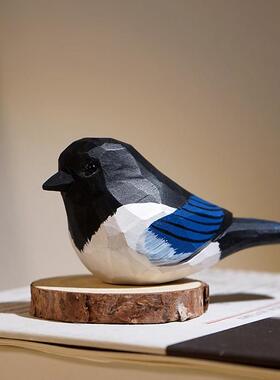 喜鹊手工木雕小鸟摆件卡通可爱动物办公室电视柜桌台面装饰品礼物