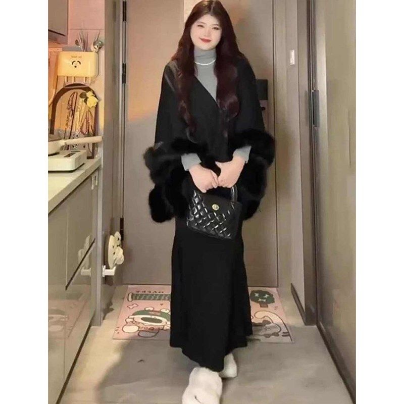 大码胖mm法式气质女冬季针织毛毛披肩+半高领打底+鱼尾半身裙套装,女装/女士精品,时尚套装,淘宝优惠券,粉丝福利购,淘宝优惠卷