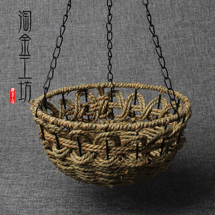 草编花篮天然水草吊篮花盆圆口手工编制花盆室内花卉摆件花盆复古