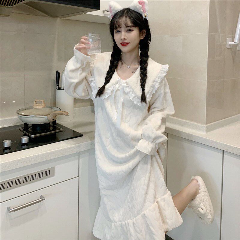 秋冬季珊瑚绒加厚睡衣女冬天加厚保暖法兰绒中长款睡裙学生家居服