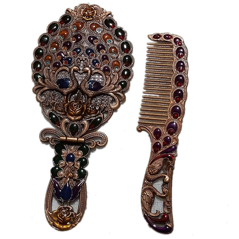 俄罗斯欧式镜子复古孔雀公主便携美容手柄折叠台镜梳子套装化妆镜