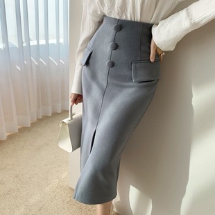 半身裙女秋冬2021秋季新款冬天毛呢裙子中长款黑色半裙高腰包臀裙