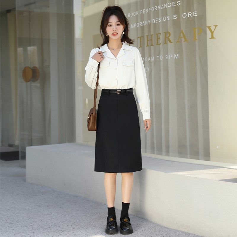 小个子TR西装面料半身裙女2024新款高腰显瘦职业工作a字过膝中裙