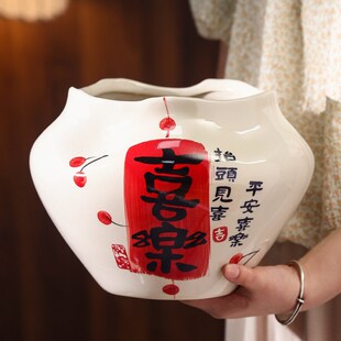 中国风陶瓷花盆手绘喜乐轻奢高级感桌面家用蝴蝶兰发财树花卉盆栽