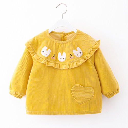 婴儿吃饭罩衣樱桃兔头灯芯绒儿童纯棉防水防脏反穿护衣幼儿园倒褂