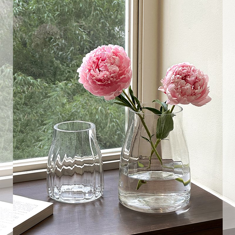 轻奢透明高级感玻璃花瓶摆u件客厅插花复古餐桌矮水培玫瑰大肚宽