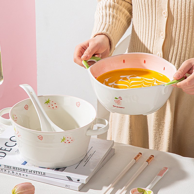 可爱少女心好看的陶o瓷大号双耳面碗宿舍用学生碗筷汤碗网红家用