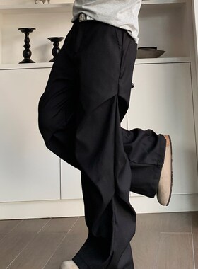 TWORED美式小众褶皱拖地微喇休闲裤高级感宽松直筒垂感黑色西裤男