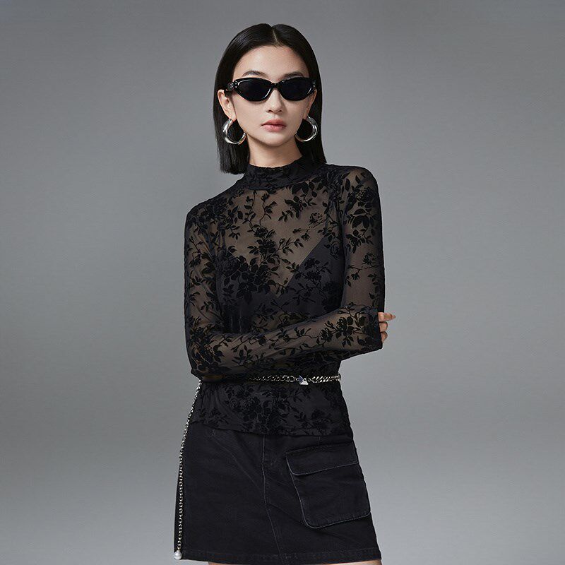 普普风打底衫女2024新款内搭黑色性感迷人精美修身半高领长袖上衣