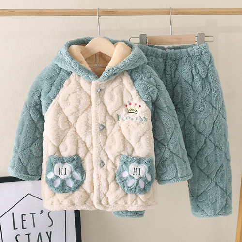 儿童睡衣女童冬季2023新款珊瑚绒女孩法兰绒三层夹棉加厚家居服