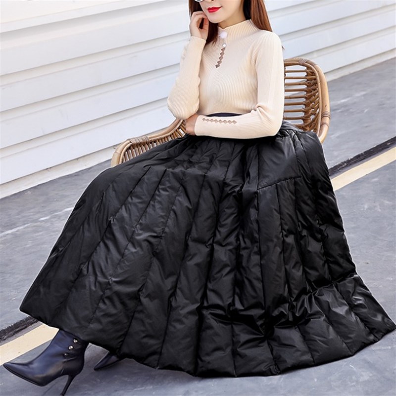 2021秋冬新款羽绒棉一片式半身裙女中长款a字裙加厚保暖大摆冬裙