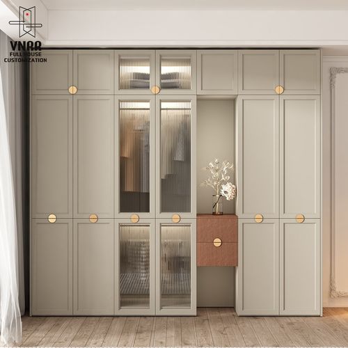 法式奶油风衣柜梳妆台一体带书柜置物柜家用卧室平开门整体大衣橱