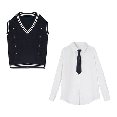 单件/套装春秋复古撞色宽松V领针织毛衣马甲叠穿休闲衬衫三件套女