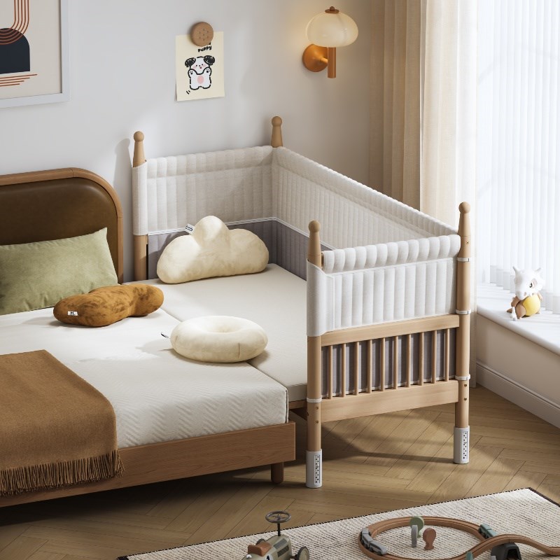 舒森熊拼接床榉木婴儿床儿童床宝宝加宽大床实木床加高护栏可定制