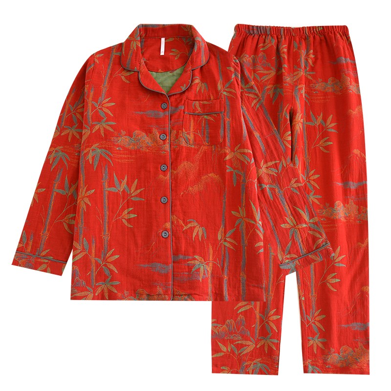 新款纯棉双层纱布睡衣女春秋薄款复古色织提花长袖高档全棉家居服